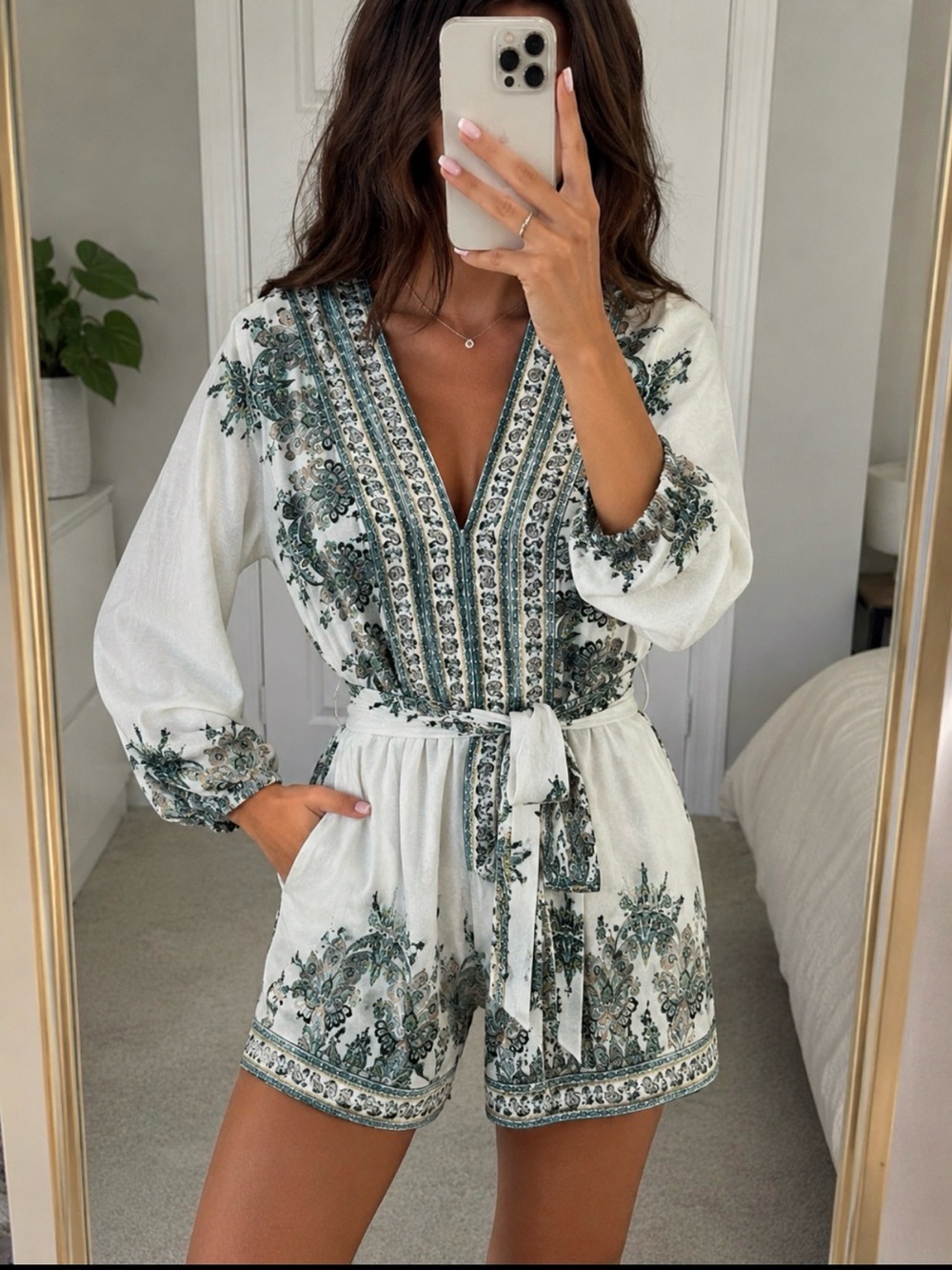 VENUS White Romper with Green Floral Embroidery